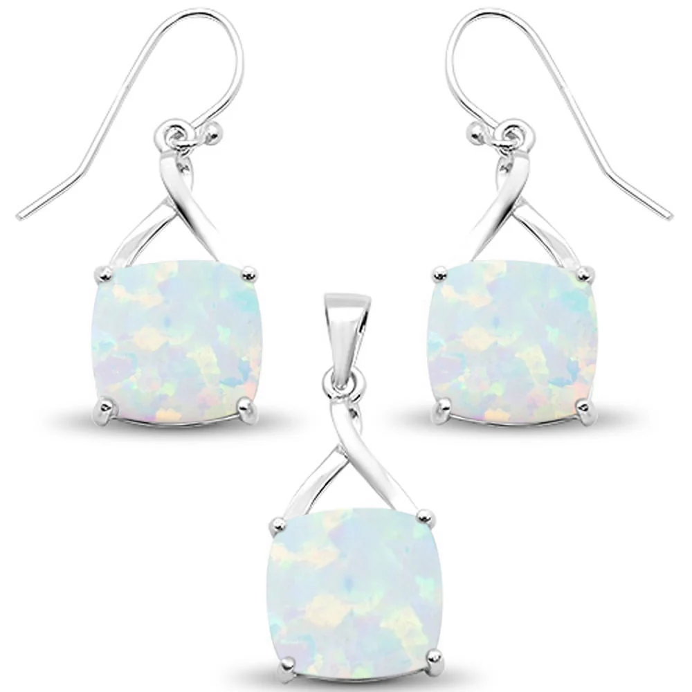 White Opal Cushion Dangle Earring & Pendant .925 Sterling Silver Set
