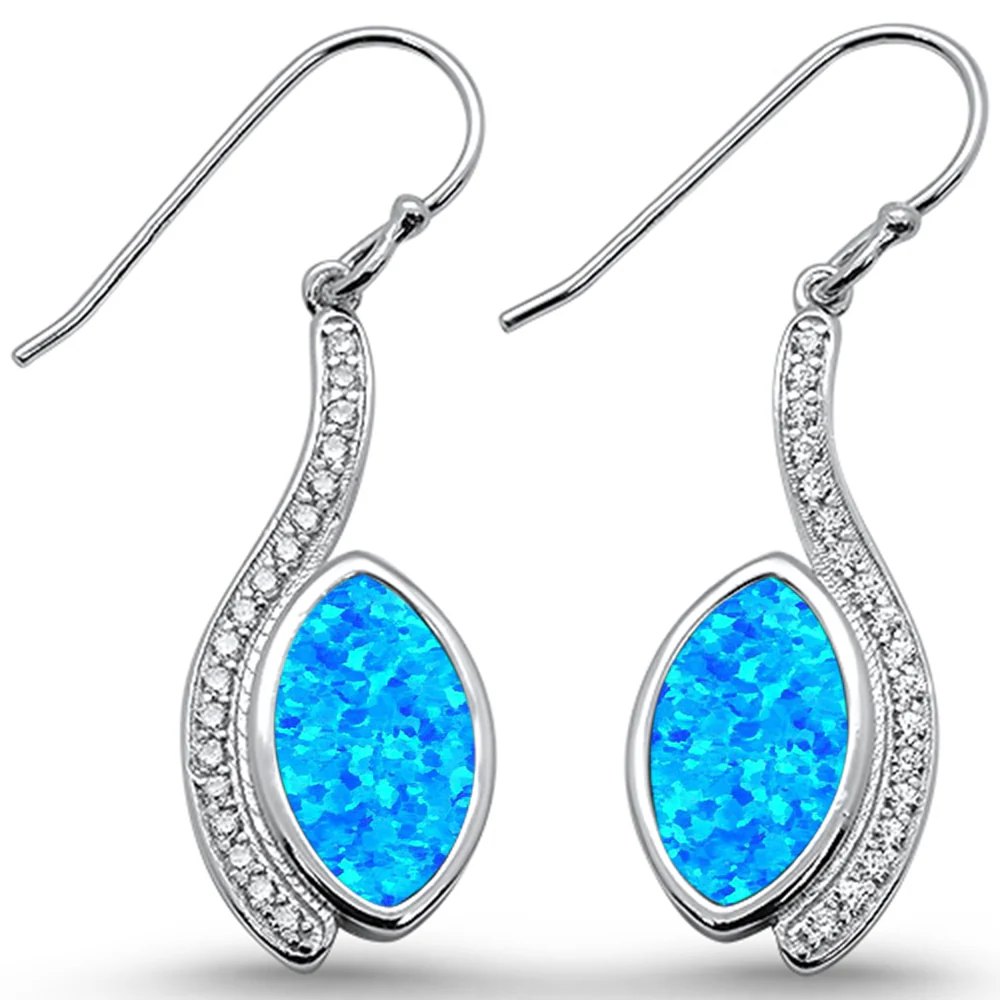 Blue Opal & Cz Marquise Dangle .925 Sterling Silver Earrings
