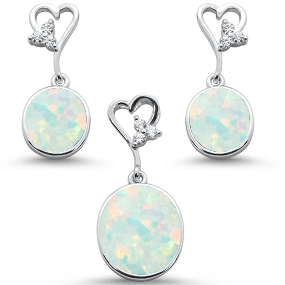 <span>CLOSEOUT! </span>Oval White Opal & Cz with Heart Shape Dangle Earring & Pendant .925 Sterling Silver Set