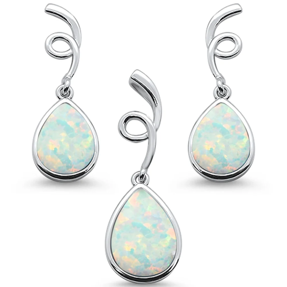 White Opal Pear Shape Spiral Dangle Earring & Pendant .925 Sterling Silver Set