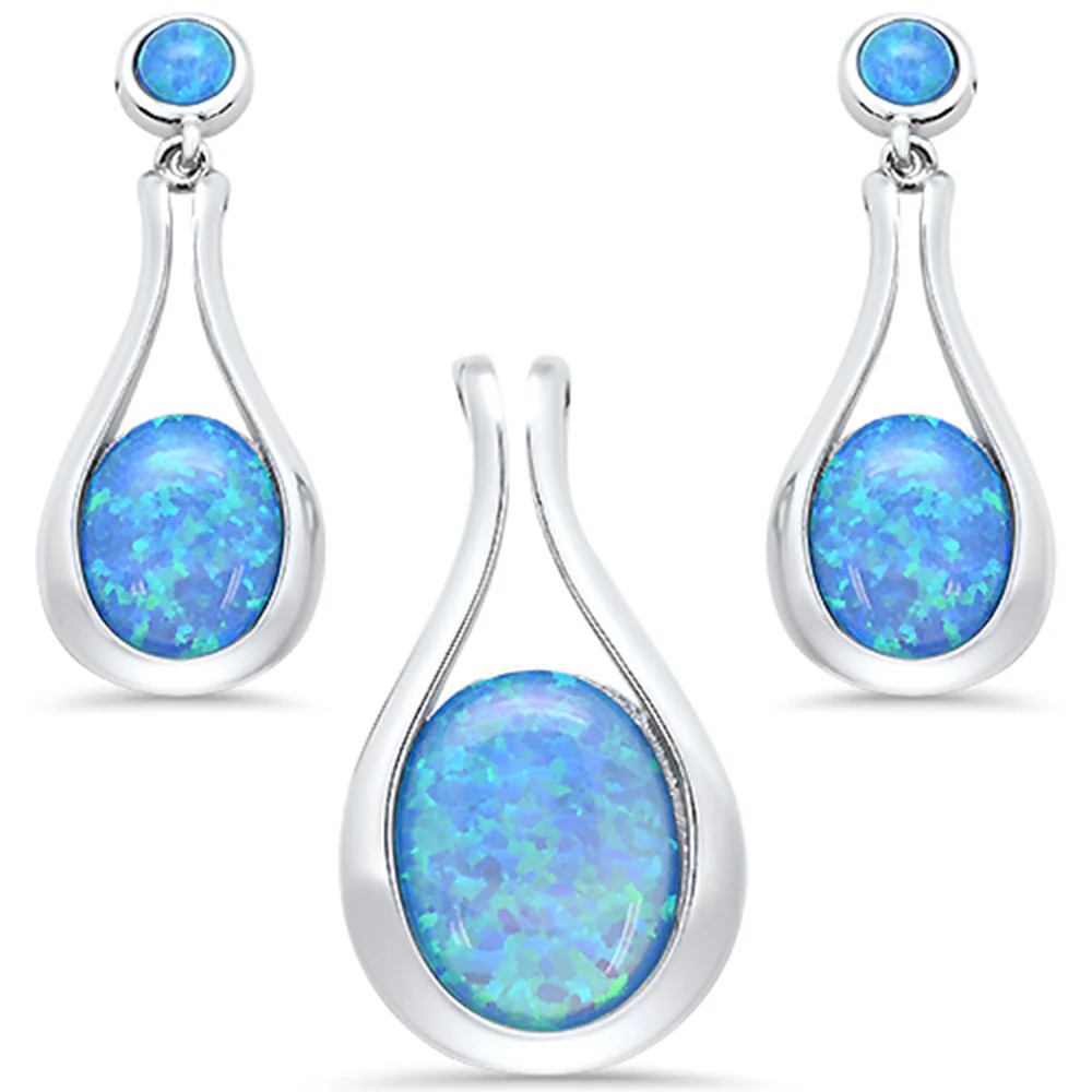 <span>CLOSEOUT! </span>Blue Opal Oval Tear Drop Dangle Earring & Pendant .925 Sterling Silver Set