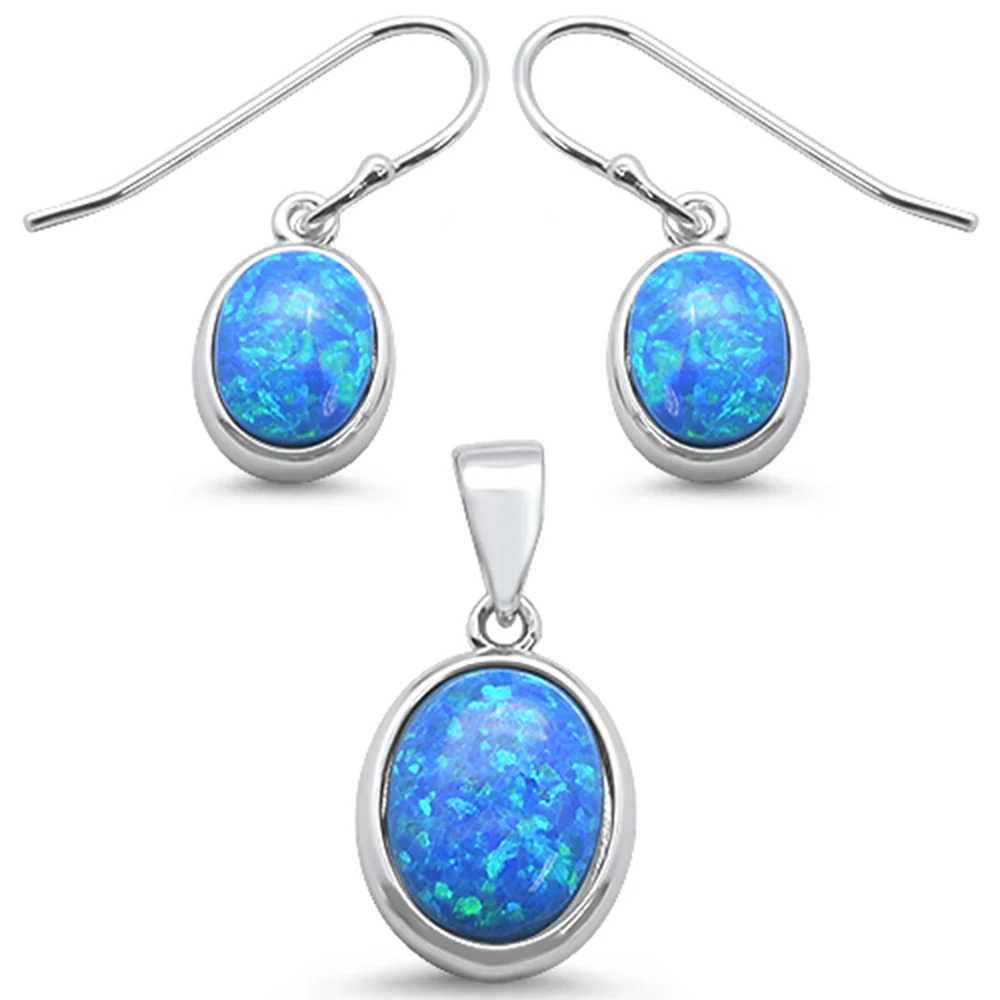 <span>CLOSEOUT! </span>Oval Blue Opal .925 Sterling Silver Earrings & Pendant Set