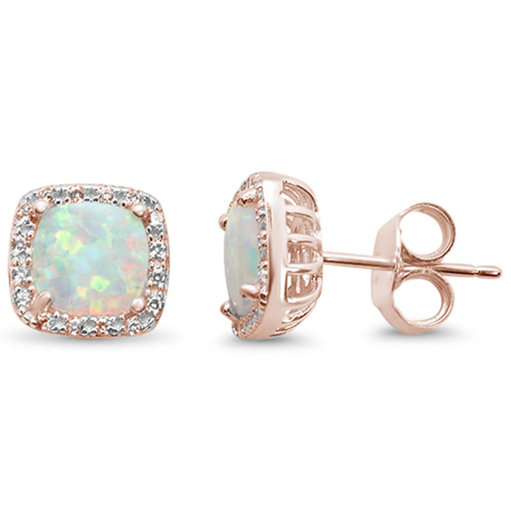 Rose Gold Plated Cushion Cut White Opal & CZ .925 Sterling Silver Earrings
