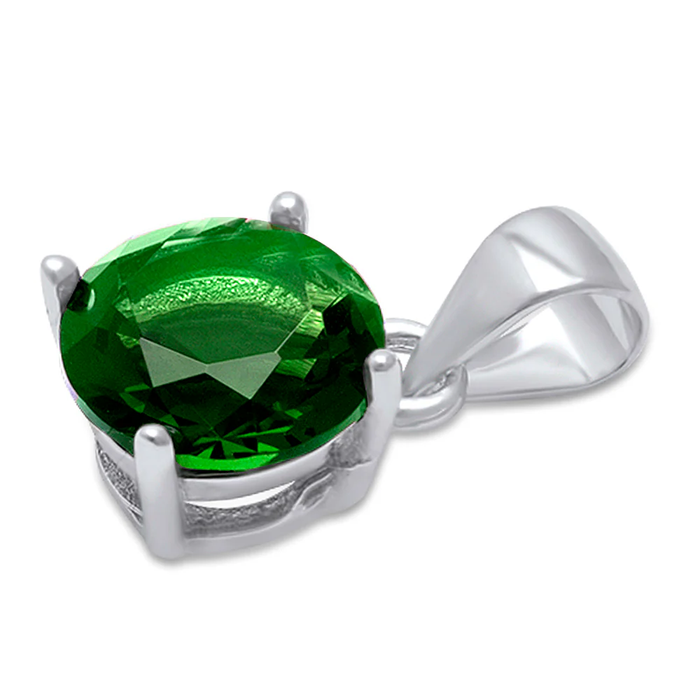 Round Green Emerald .925 Sterling Silver Solitaire Pendant - Image 2