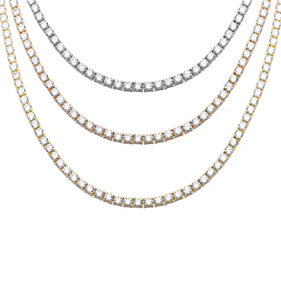 3MM Available 2 Colors 13.50CT Round Cubic Zirconia Necklace .925 Sterling Silver 18", 22" Long