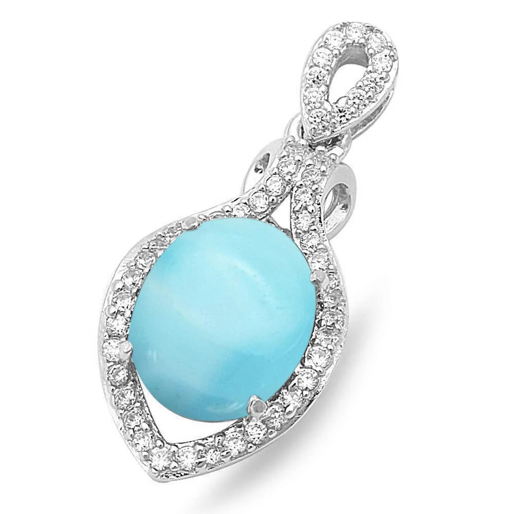 Natural Larimar & Cz .925 Sterling Silver Pendant