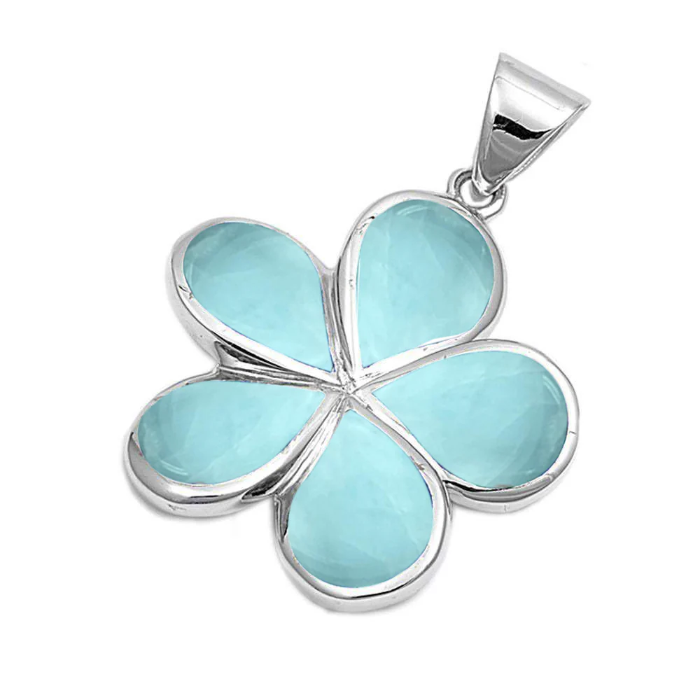 Natural Larimar Plumeria .925 Sterling Silver Pendant