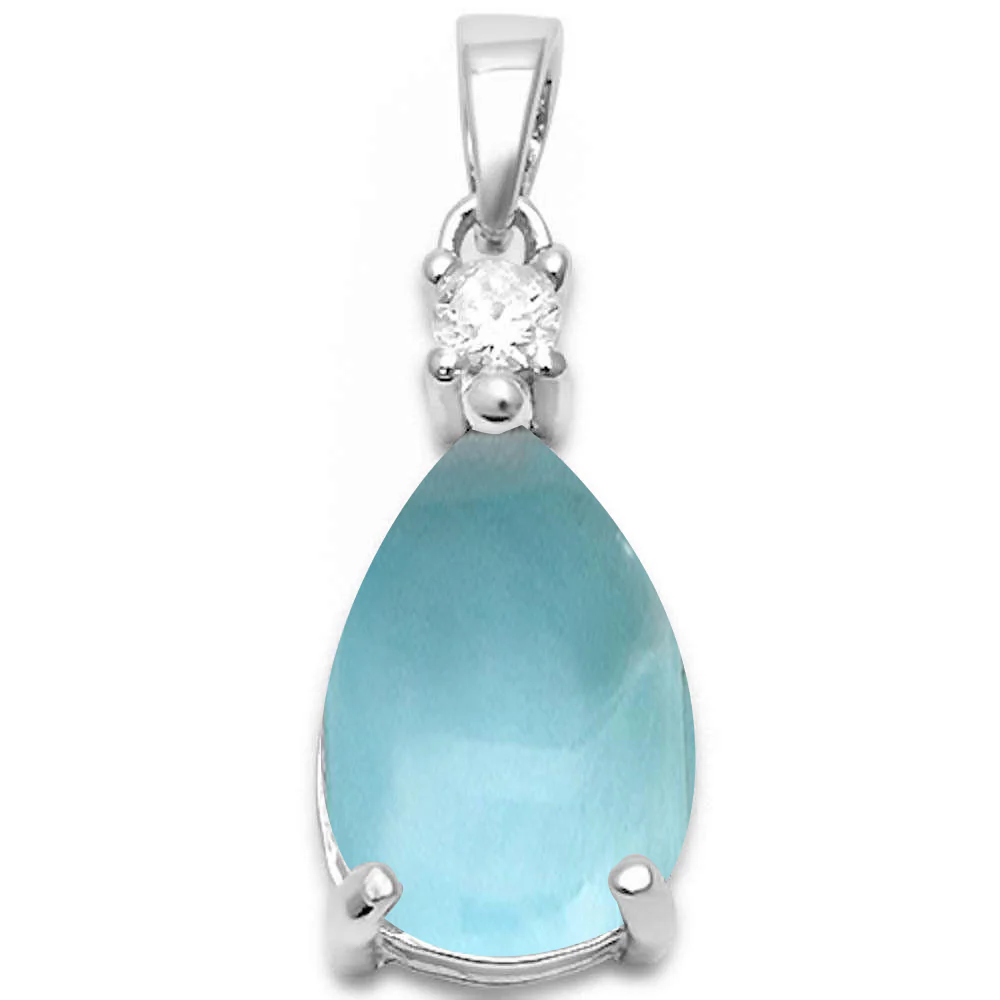 Pear Shape Natural Larimar & Cubic Zirconia .925 Sterling Silver Pendant