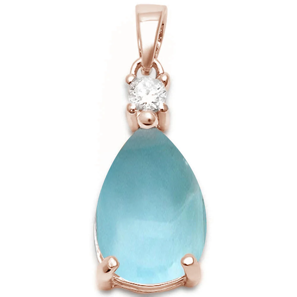 Rose Gold Plated Pear Shape Natural Larimar & Cubic Zirconia .925 Sterling Silver Pendant