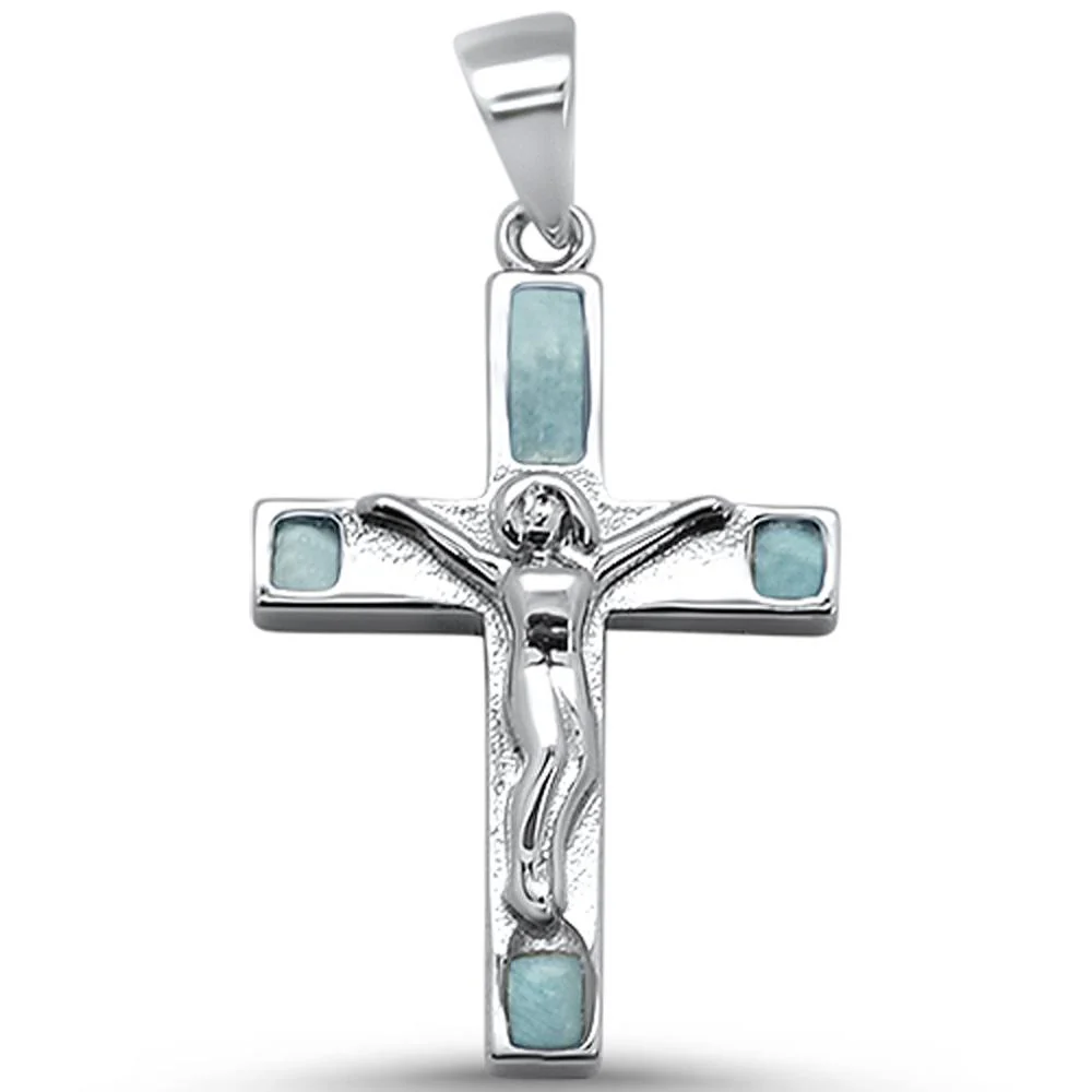 Cross Natural Larimar .925 Sterling Silver Pendant 1" Long