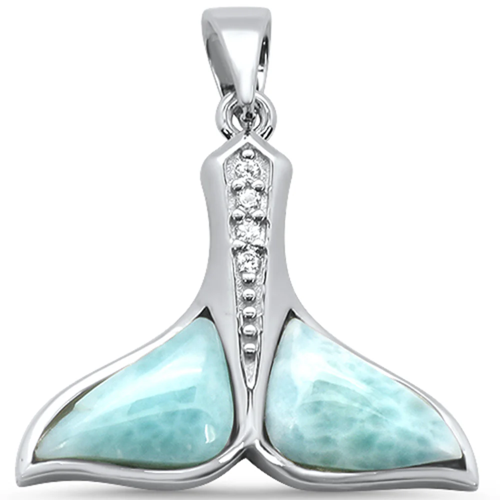 Natural Larimar Whale Tail .925 Sterling Silver Charm Pendant