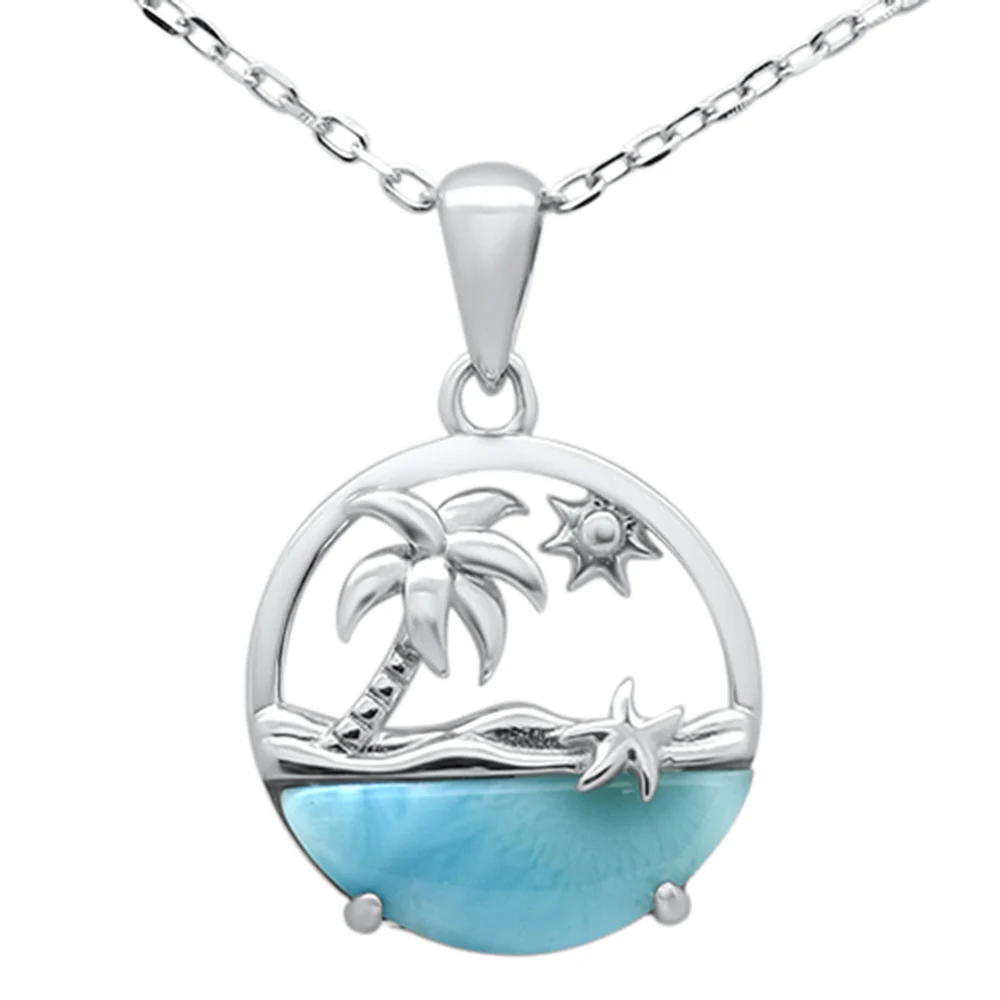 Natural Larimar .925 Sterling Silver Palm Tree Ocean Beach Landscape Pendant Necklace 16-18" Long