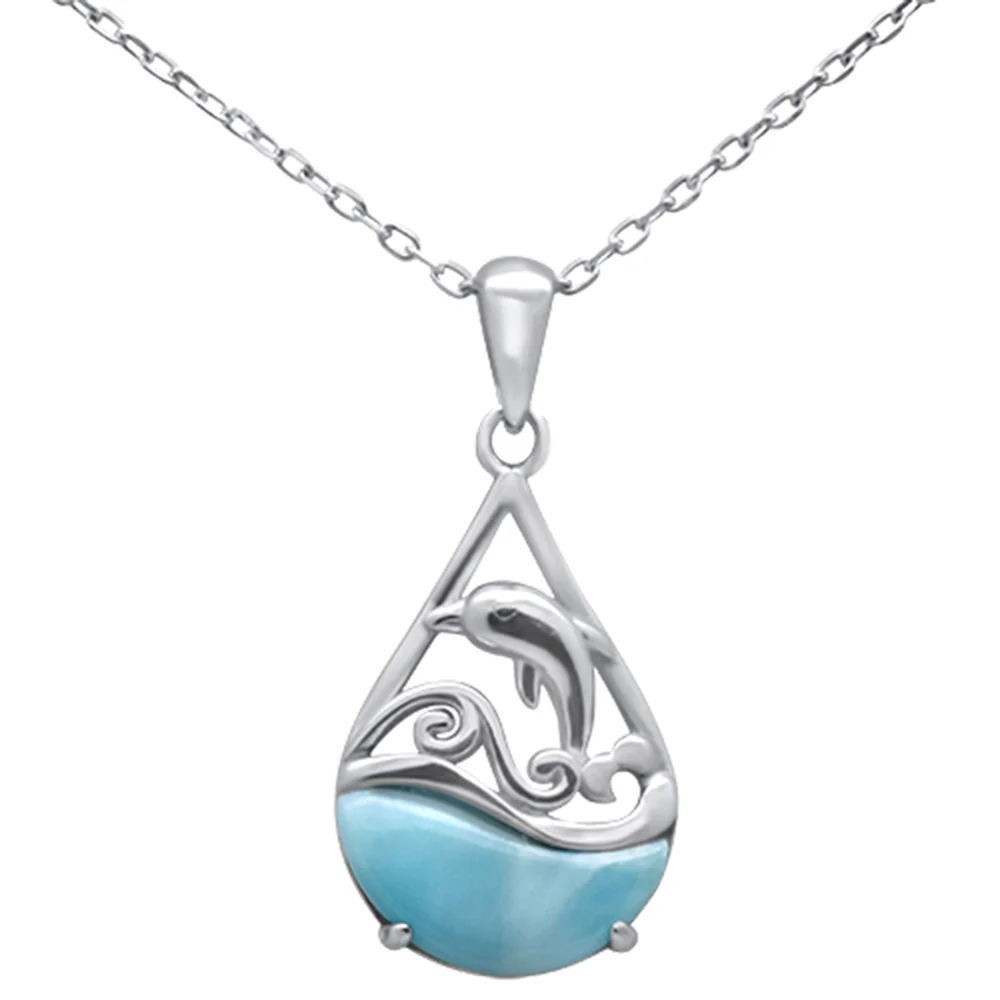 Tear Drop Shape Larimar Dolphin in Ocean .925 Sterling Silver Pendant Necklace 16-18" Long