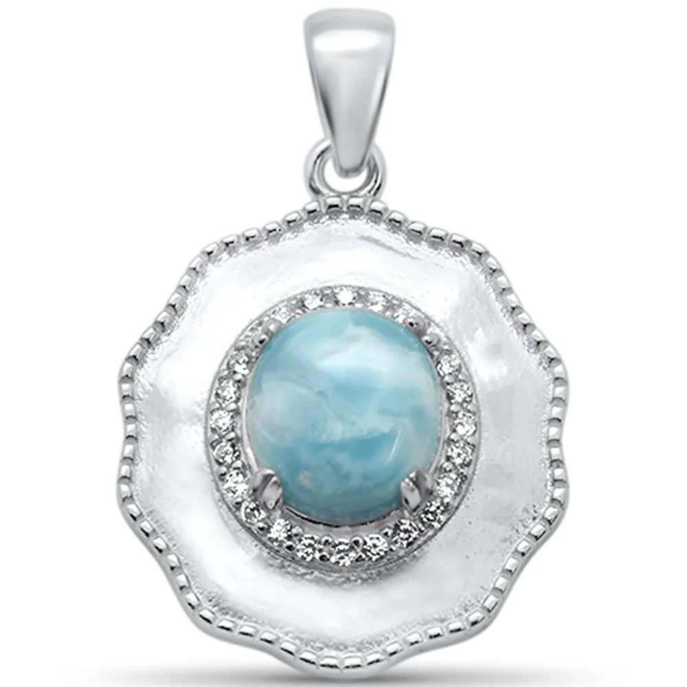 Natural Larimar & CZ .925 Sterling Silver Pendant