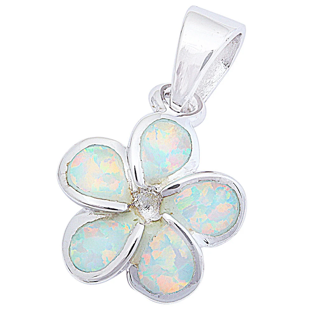 White Opal Plumeria .925 Sterling Silver Pendant 3/4" long