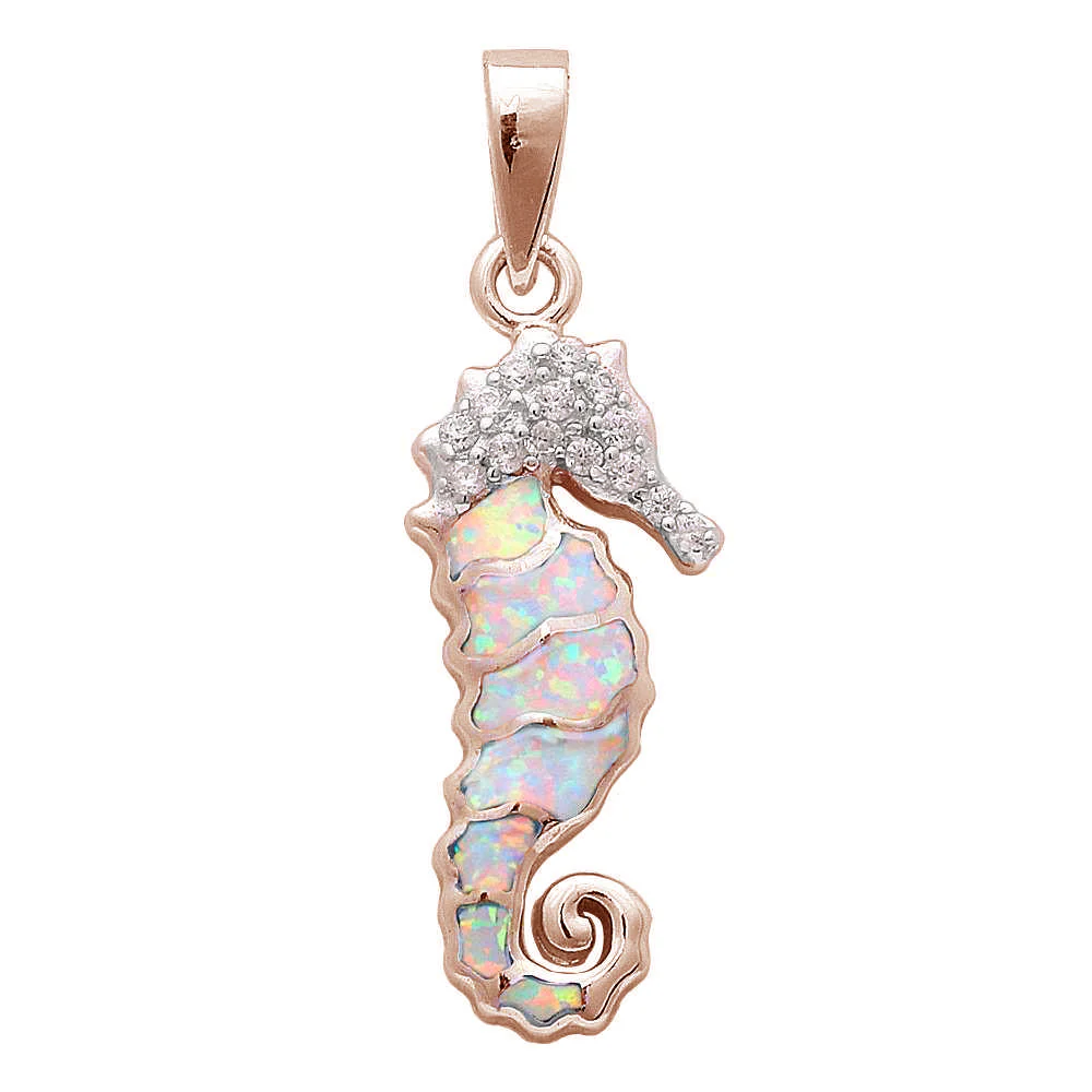 Rose Gold Plated White Opal & Cubic Zirconia Seahorse .925 Sterling Silver Pendant
