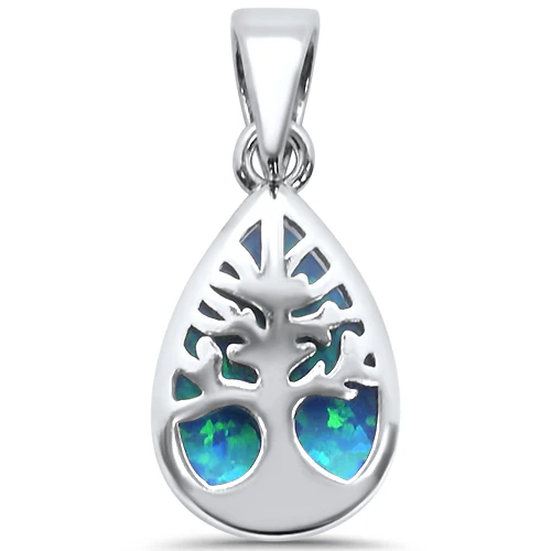 Pear Shape Blue Opal Tree of Life .925 Sterling Silver Pendant