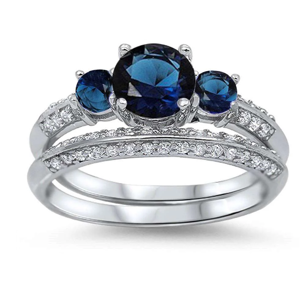 <span>CLOSEOUT!</span> Blue Sapphire Cz Bridal Set .925 Sterling Silver Ring