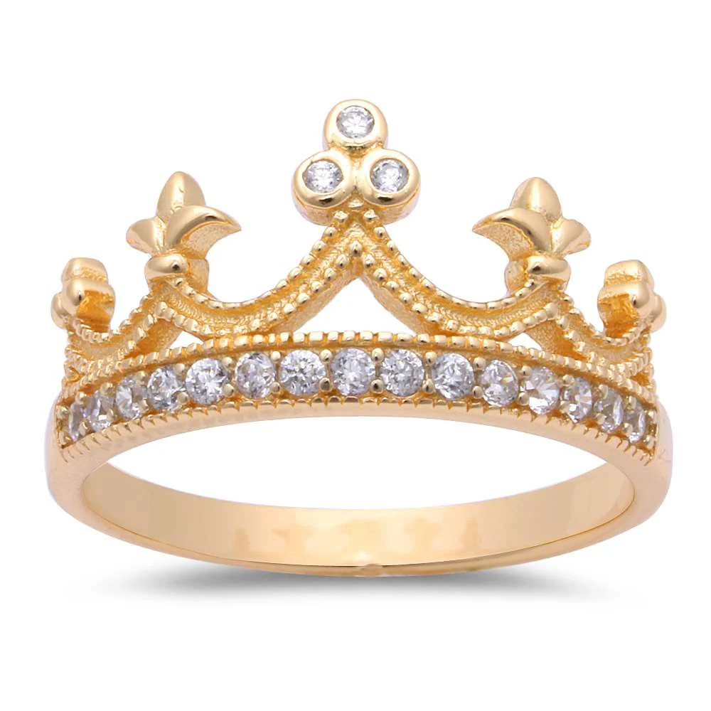<span>CLOSEOUT!</span> Yellow Gold Plated Cubic Zirconia Crown .925 Sterling Silver Ring