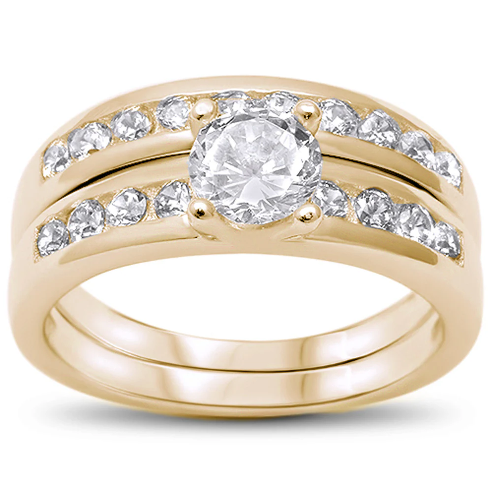 <span>CLOSEOUT!</span>2 Piece Yellow Gold Plated Round Cubic Zirconia Channel Set .925 Sterling Silver Ring Sizes 5-10