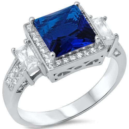 <span>CLOSEOUT!</span> 5.50ct Princess Cut Blue Sapphire & Cz .925 Sterling Silver Ring