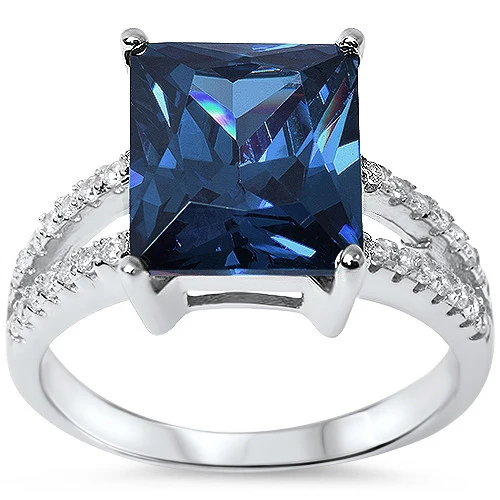 <span>Closeout!</span>12x10 Radiant Cut Blue Sapphire & Cz .925 Sterling Silver Ring