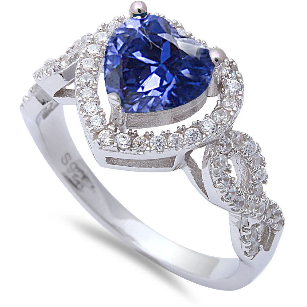 <span>CLOSEOUT!</span>Heart Shaped Tanzanite & Cz .925 Sterling Silver Ring