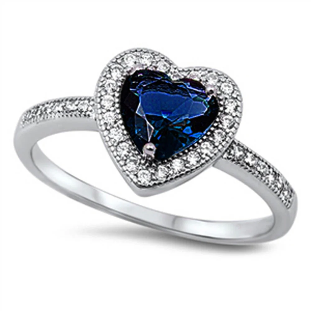 <span>CLOSEOUT!</span>Blue Sapphire & Cz Heart .925 Sterling Silver Ring