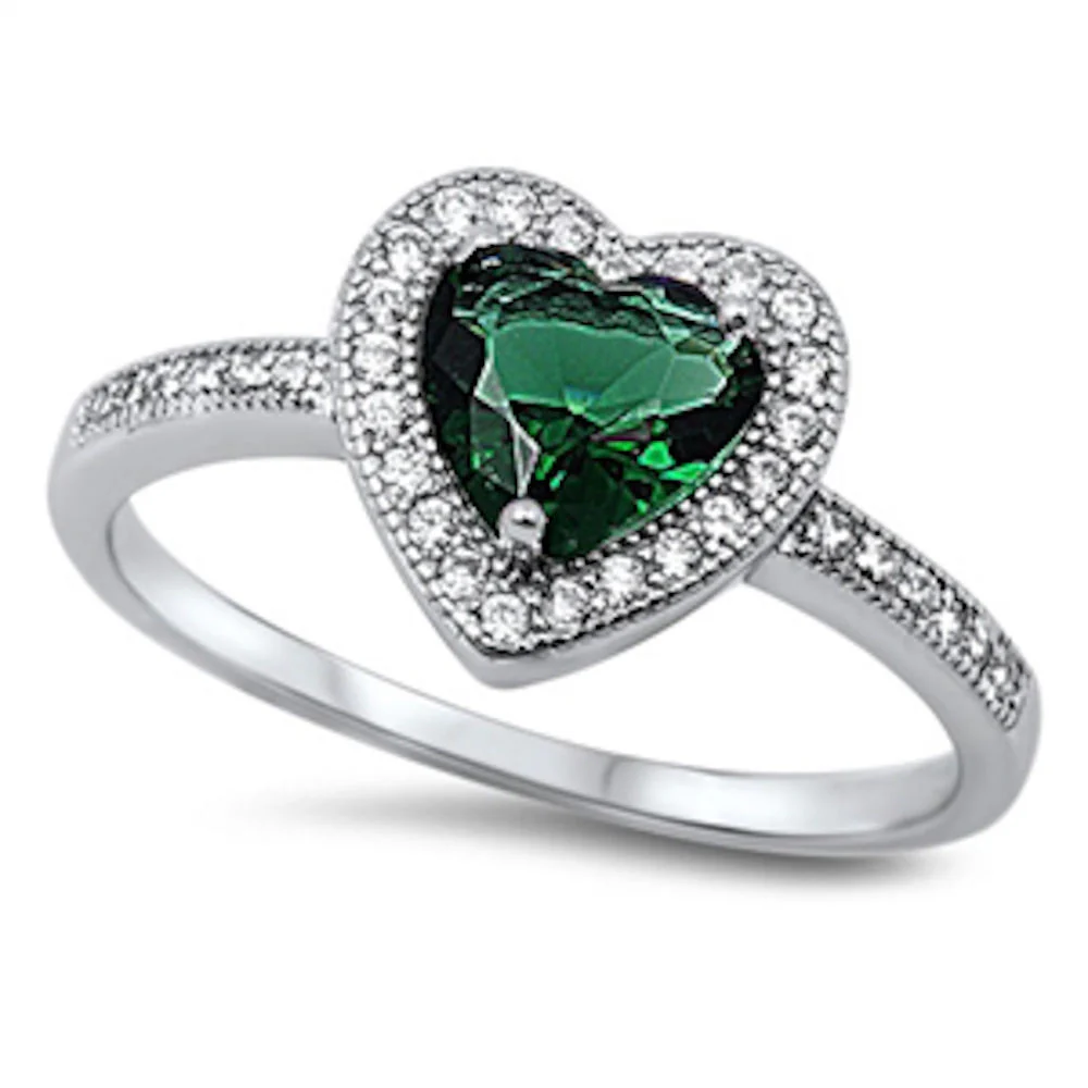 <span>CLOSEOUT!</span>Green Emerald & Cz Heart .925 Sterling Silver Ring