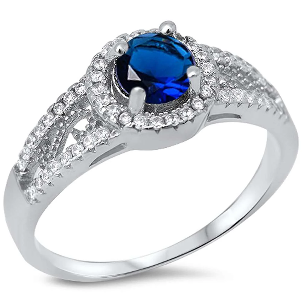 <span>CLOSEOUT!</span>Halo Style Blue Sapphire & Cubic Zirconia .925 Sterling Silver Ring