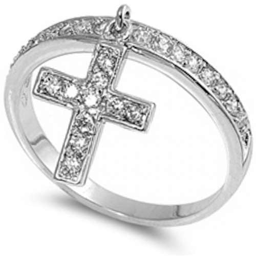 <span>CLOSEOUT!</span> Cz Cross Dangle Ring .925 Sterling Silver
