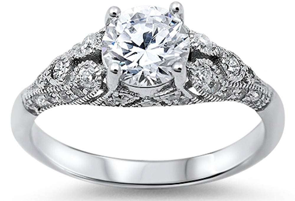 <span>CLOSEOUT! </span>Antique Design Round Cubic Zirconia .925 Sterling Silver Ring