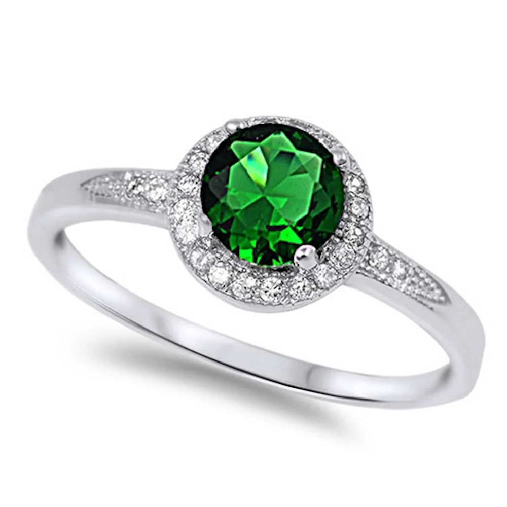 Halo Green Emerald & Cz Fashion .925 Sterling Silver Ring Sizes 4-12