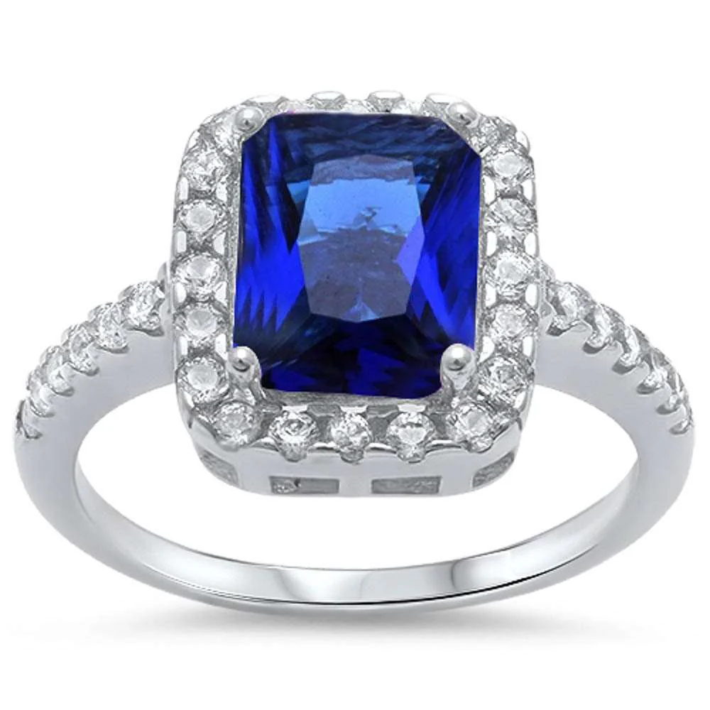 <span>CLOSEOUT!</span> Emerald Cut Blue Sapphire & Cz .925 Sterling Silver Ring