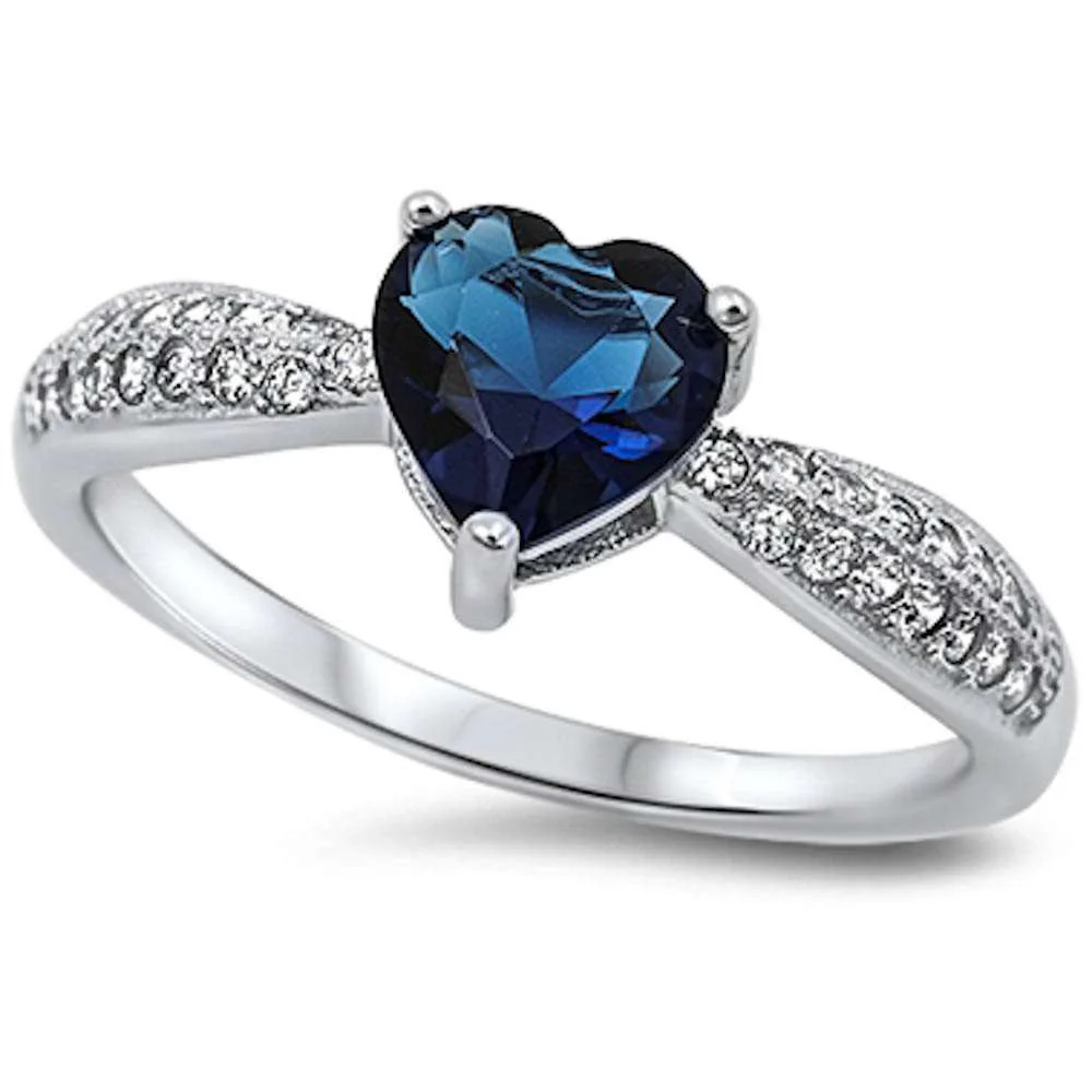 <span>CLOSEOUT!</span>Blue Sapphire Heart & Pave Cz .925 Sterling Silver Ring