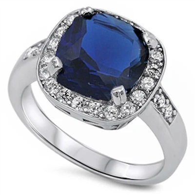 <span>CLOSEOUT!</span> Cushion Cut Sapphire Halo Ring .925 Sterling Silver Ring