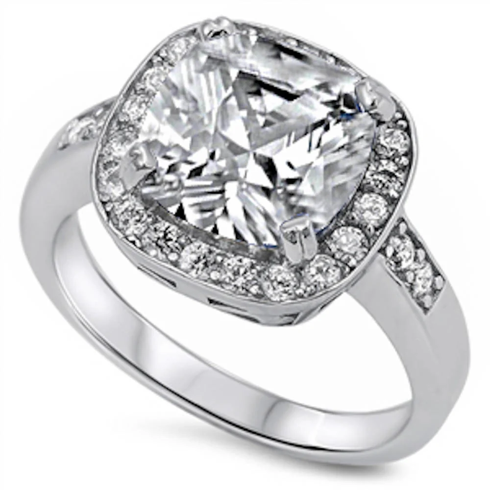 <span>CLOSEOUT! </span>Cushion Cut Cz Halo Ring .925 Sterling Silver Ring