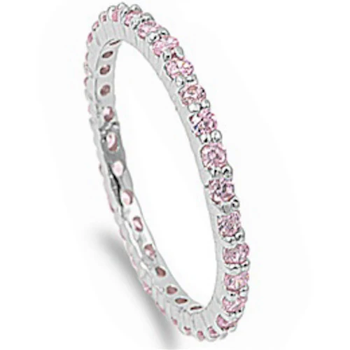 <span>CLOSEOUT! </span>Stackable Pink Cubic Zirconia .925 Sterling Silver Eternity Band