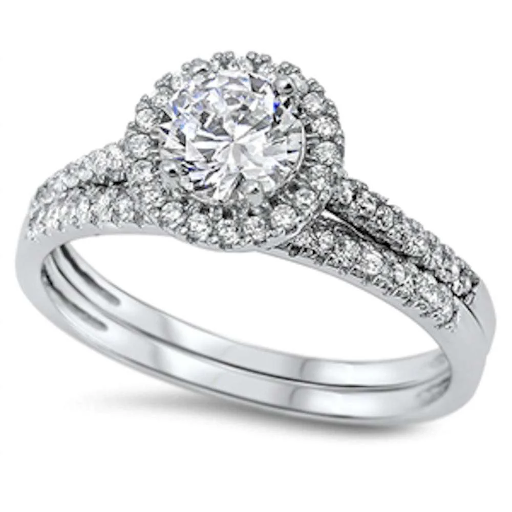 <span>CLOSEOUT! </span>Round Halo Cz Wedding Set .925 Sterling Silver Ring