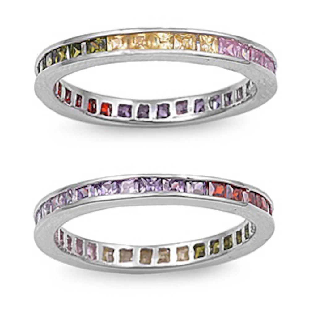 <span>CLOSEOUT!</span>Princess Cut Multi Gemstone .925 Sterling Silver Eternity Band Size 3, 4