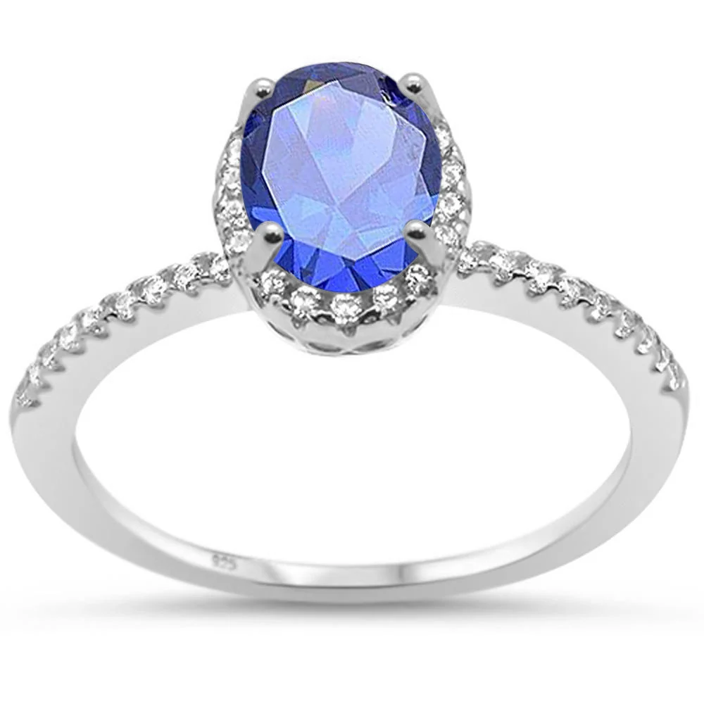 Oval Tanzanite Halo Cz Engagement .925 Sterling Silver Ring