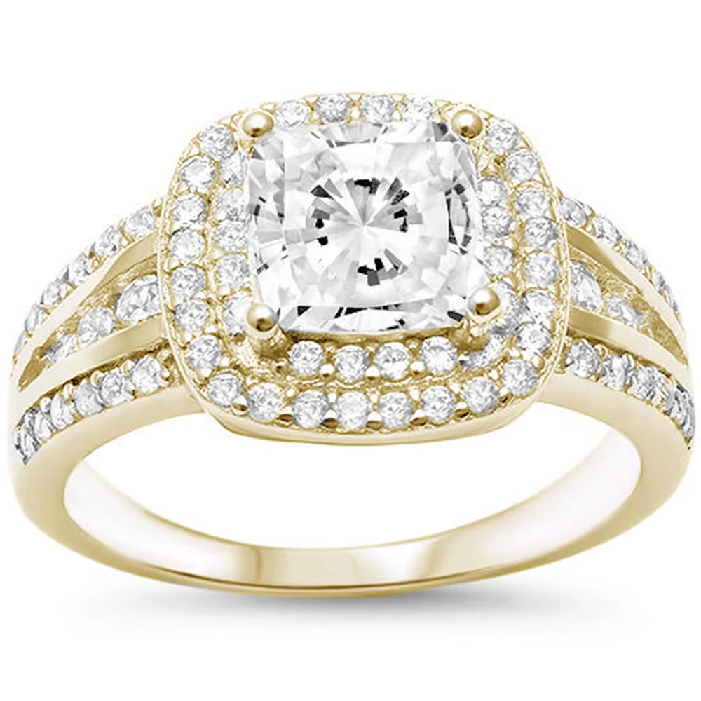 <span>CLOSEOUT! </span>Yellow Gold Plated Princess Cut Double Halo Engagement .925 Sterling Silver Ring Sizes 6-9, 11