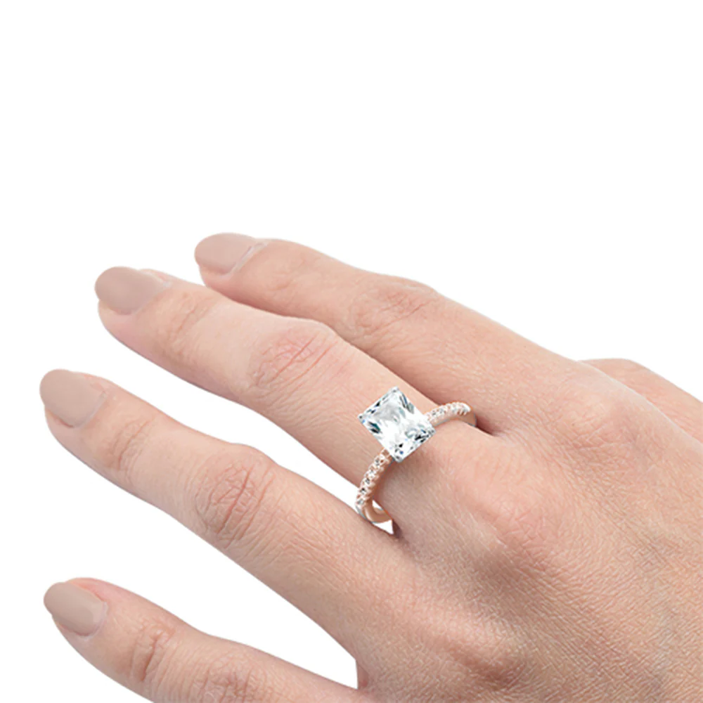 2.50ct 9x7mm Rose Gold Plated Radiant Cut & Round Cubic Zirconia .925 Sterling Silver Solitaire Engagement Ring Sizes 4-10 - Image 4