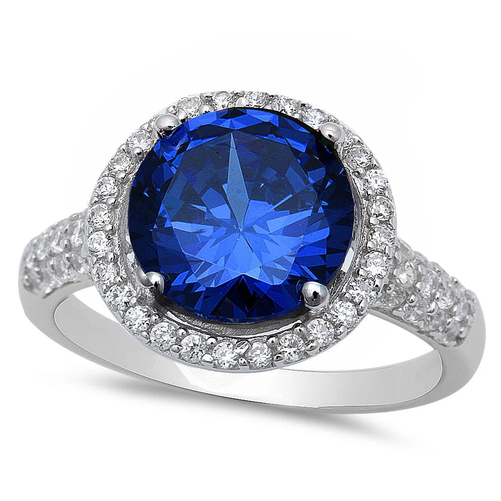 <span>CLOSEOUT! </span>Sterling Silver Halo Blue Sapphire Ring with Cubic Zirconias