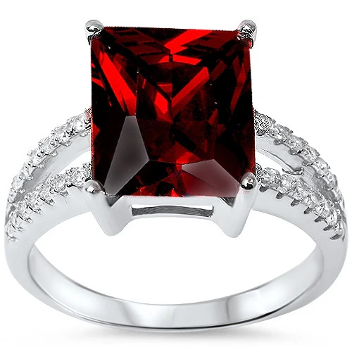 <span>Closeout!</span>Radiant Cut Red Garnet & Cz .925 Sterling Silver Ring