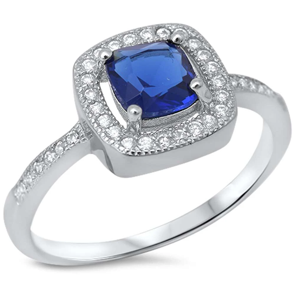 <span>CLOSEOUT!</span> Princess cut blue sapphire & Cubic Zirconia Pave .925 Sterling Silver Ring
