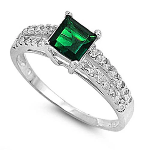 <span>CLOSEOUT!</span> Princess-cut Green Emerald & Cz .925 Sterling Silver Ring Sizes 5-9