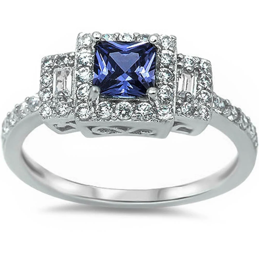 <span>CLOSEOUT!</span>Princess Cut Blue Sapphire & Cz .925 Sterling Silver