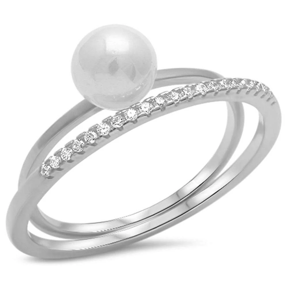 <span>CLOSEOUT! </span>White Pearl & Cz .925 Sterling Silver Ring Sizes 4-10