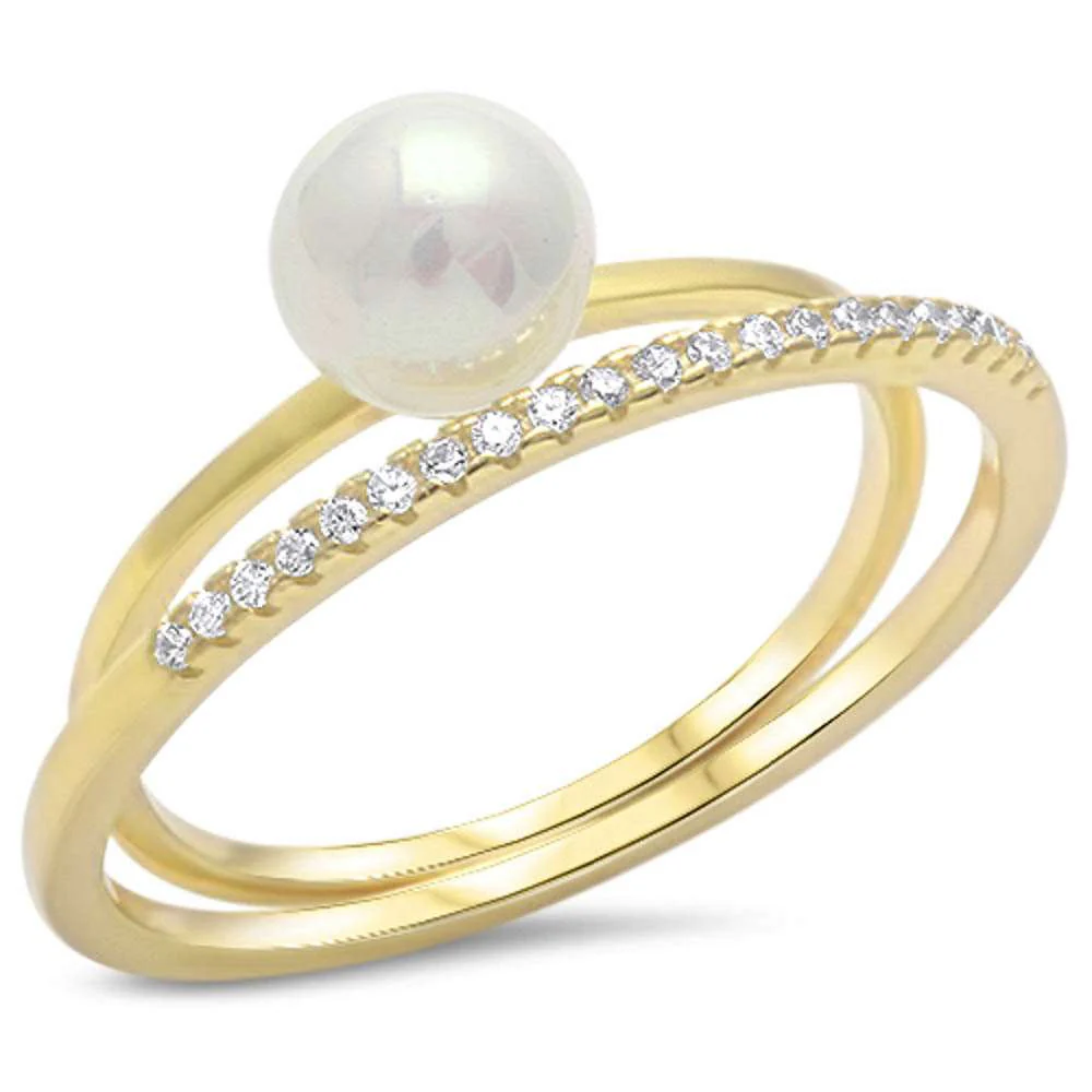 <span>CLOSEOUT! </span>Yellow Gold Plated Pearl & Cz .925 Sterling Silver Ring
